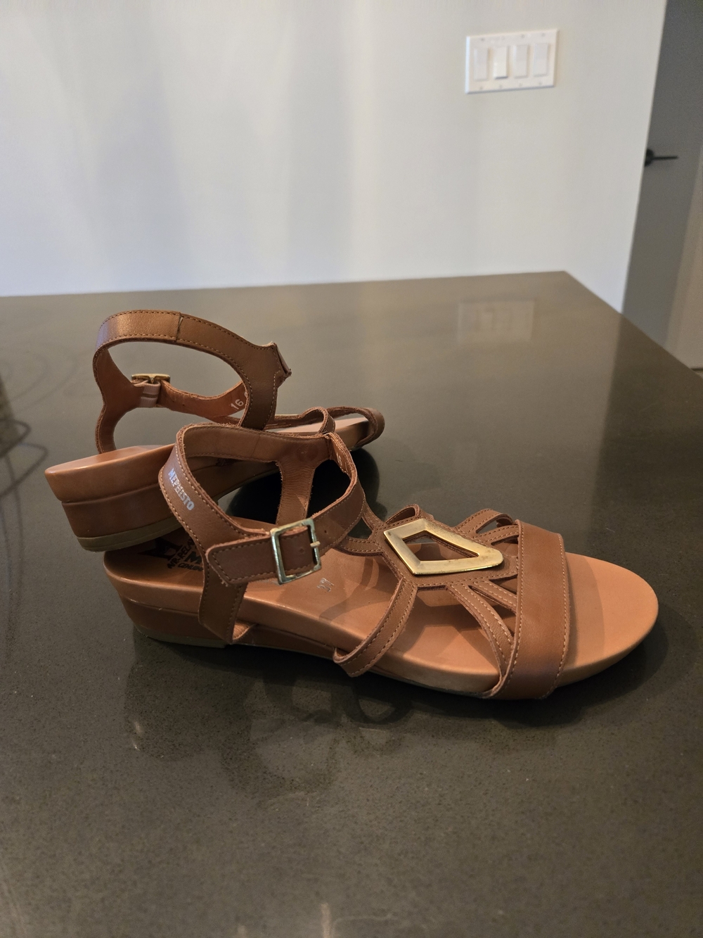 Mephisto Tan Strappy Low Wedge Sandals with Gold Accent